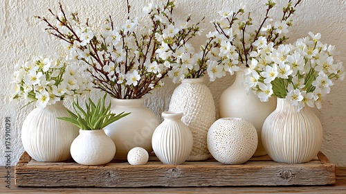Elegant White Flowers in Ceramic Vases on a Wooden Shelf Display