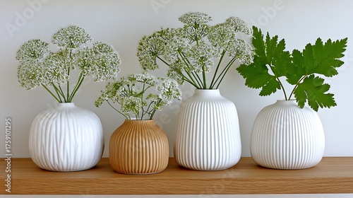 Elegant Ceramic Vases with White Flowers on a Modern Wooden Shelf Display
