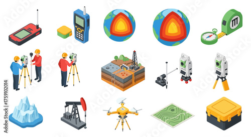 Isometric illustration featuring surveyors using surveying equipment, Earth's core sections, a drone, oil pump, and other geological and mapping related elements.