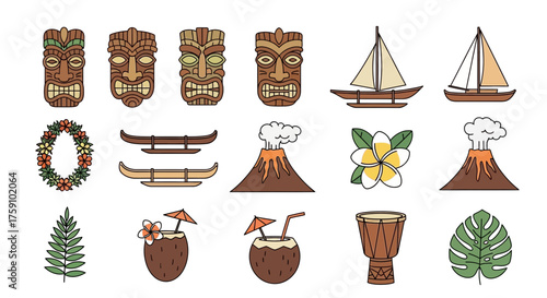 A collection of tropical themed vector icons including tiki masks, outrigger canoes, volcanoes, plumeria flowers, coconut drinks, drums, and tropical foliage.