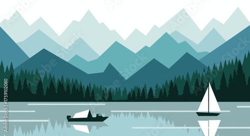 Minimalist illustration of a serene lake scene with mountains, trees, a motorboat, and a sailboat under a bright sky.