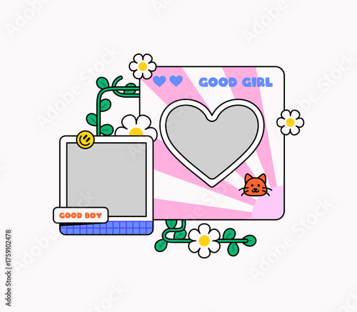 Vector illustration featuring two photo frames labeled Good Boy and Good Girl, with white daisies, green vines, and a small cat face perfect for scrapbooks, kid albums, or digital photo
