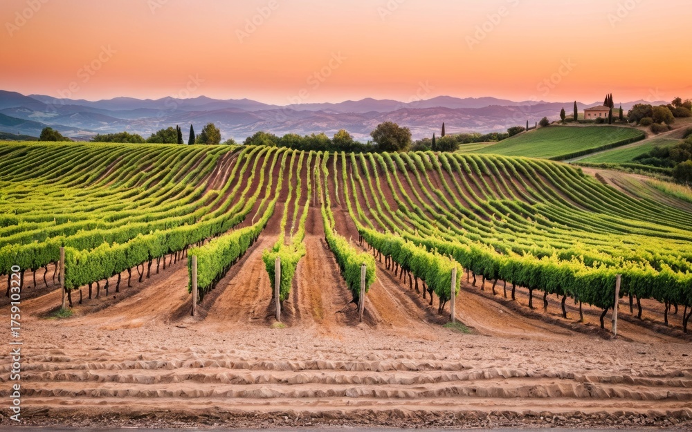 Fototapeta premium Sunset over lush vineyard terraces in Tuscany with rolling hills and distant homes Generative AI