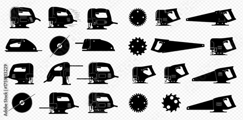 Silhouetted power tools and saw blades arranged on a grid.