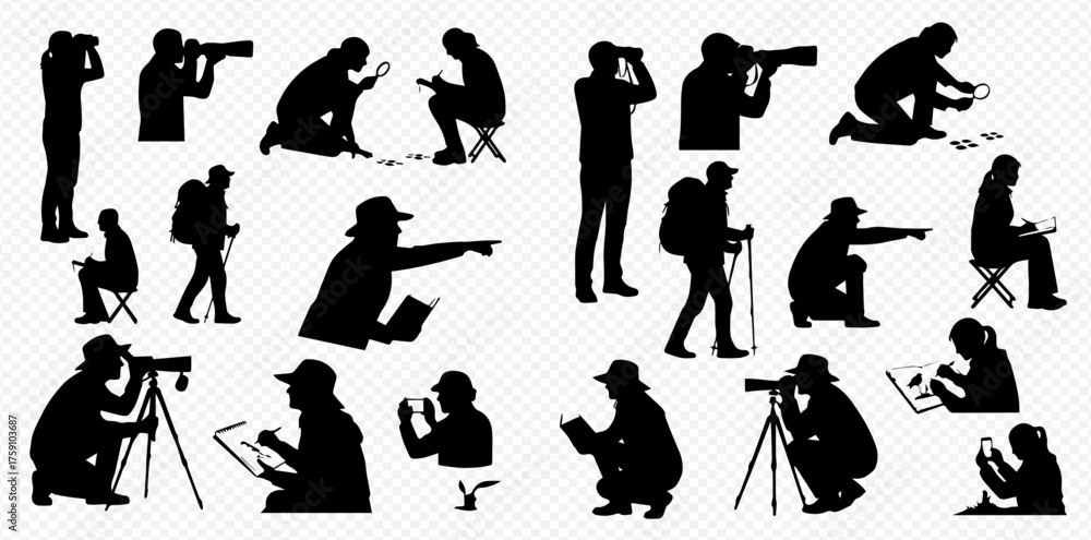 Obraz premium Silhouetted figures of people engaged in various activities, including hiking, birdwatching, and using technology.