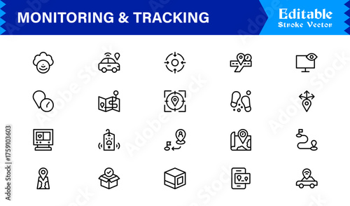 Monitoring And Tracking Solution icon collection. Unique And Minimal Line Icon Pack with Editable, Pixel-Perfect Design