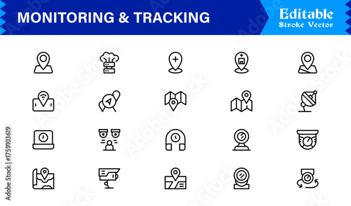 Monitoring And Tracking Solution icon collection. Unique And Minimal Line Icon Pack with Editable, Pixel-Perfect Design