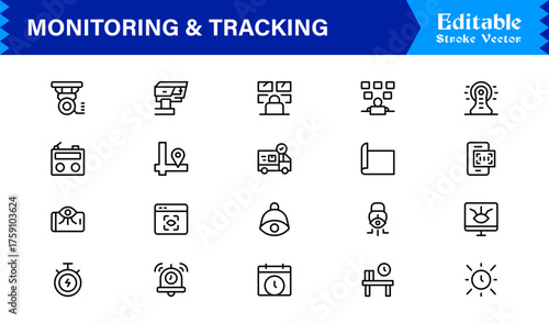 Monitoring And Tracking Solution icon collection. Unique And Minimal Line Icon Pack with Editable, Pixel-Perfect Design