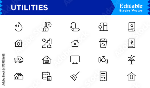 Modern Utilities Line Icon Pack with Professional Minimal Design, Unique Vector Outline Set Featuring Essential Household, Energy, and Maintenance Symbols for Premium Projects