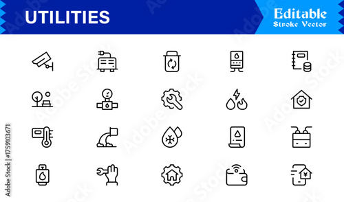 Modern Utilities Line Icon Pack with Professional Minimal Design, Unique Vector Outline Set Featuring Essential Household, Energy, and Maintenance Symbols for Premium Projects