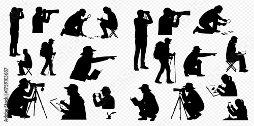 Silhouetted figures of people engaged in various activities, including hiking, birdwatching, and using technology.