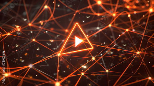 A glowing orange play button icon centrally featured amidst an intricate, interconnected digital network, symbolizing modern technology, streaming, global communication.