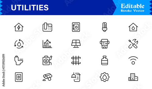 Modern Utilities Line Icon Pack with Professional Minimal Design, Unique Vector Outline Set Featuring Essential Household, Energy, and Maintenance Symbols for Premium Projects