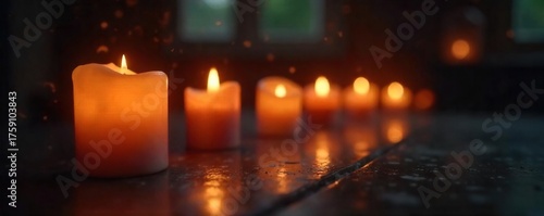 Flickering Candlelight Illuminates a Dark Room, Creating a Serene and Tranquil Atmosphere of Peace, Hope, and Remembrance. Perfect for meditation, relaxation, and spiritual themes.