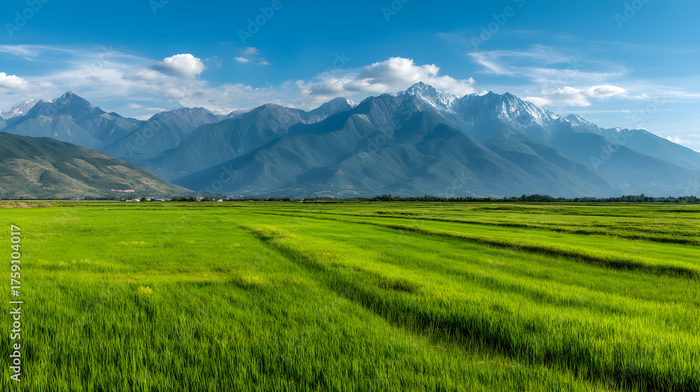Fototapeta premium Lush green rice fields stretch towards majestic snow-capped mountains under a bright blue sky, showcasing a serene agricultural landscape.