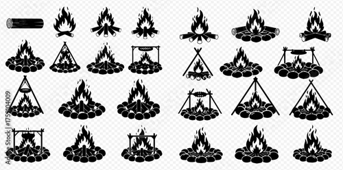 Collection of campfire illustrations in black and white, showing different fire setups.