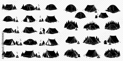 A collection of camping tents in various shapes and sizes, some with campfires and people.