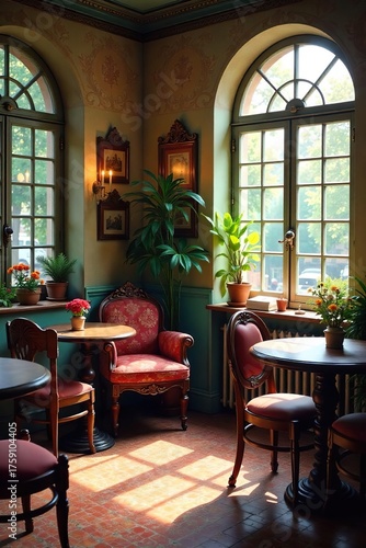 Sunlit Antique Cafe Interior Warm & Inviting Atmosphere, Ornate Furniture, Relaxing Coffee Break