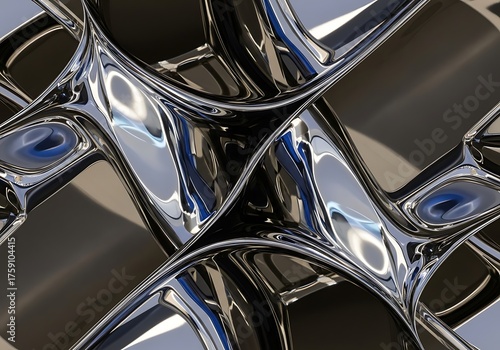 Interwoven metallic forms with reflections, creating an abstract scene