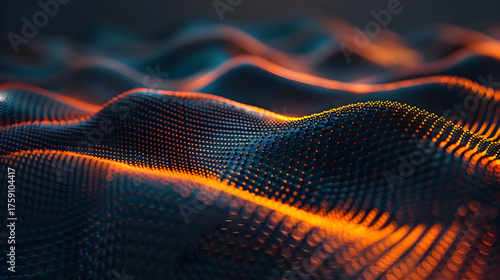 An abstract digital landscape features undulating waves a dark grid illuminated vibrant orange glowing particles, creating a modern futuristic technological background.