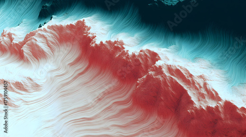 Dynamic abstract digital art features vibrant coral teal wavy textures flowing across a dark background, evoking a surreal natural landscape ocean currents.