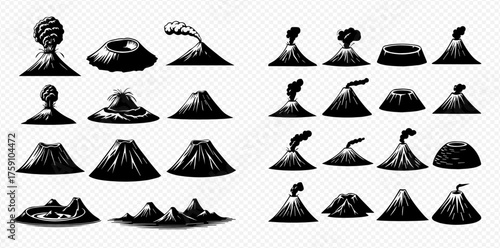 A collection of volcano illustrations in black and white, showcasing various shapes and eruption styles.
