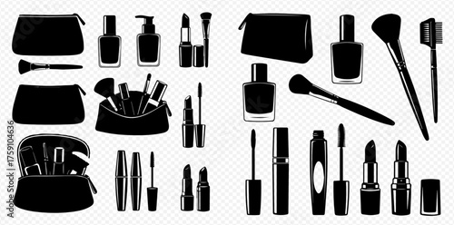 Silhouette of makeup products including bags, brushes, nail polish, lipstick, and mascara.