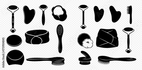 A collection of beauty and skincare tools, including rollers, gua sha, brushes, and containers, arranged in two groups.