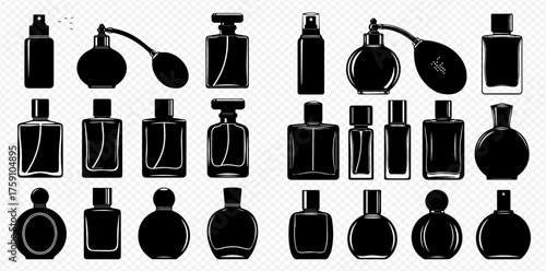 Silhouetted perfume bottles of various shapes and sizes, arranged in rows on a light background.