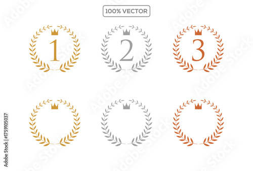 Gold, silver, bronze laurel wreaths. Winner medal award set vector illustration. Victory symbol, triumph emblem, champion prize