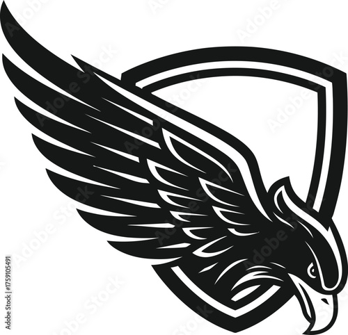 Eagle shield logo vector art of dynamic black eagle in flight, with a shield outline behind it, , symbolizing protection, vigilance, and swift action