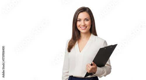 Smiling woman in white blouse holding clipboard on transparent background