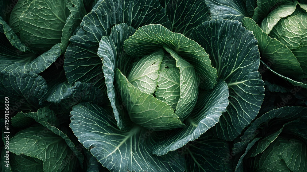 Obraz premium Close-up view of fresh, green cabbage heads growing in a field.
