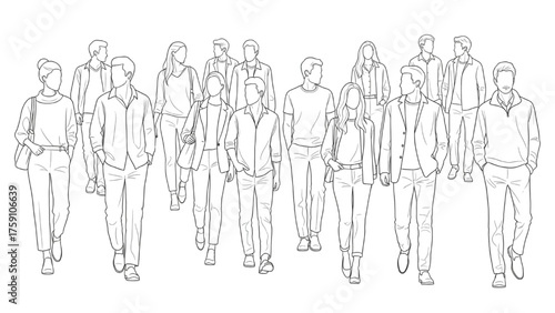 Minimal Black Line Art of Men and Women Walking Casually – Natural Posture and Movement Flow Illustration