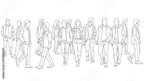 Black Line Drawing of Men and Women Moving in Various Directions – Minimal Human Figures in Natural Motion