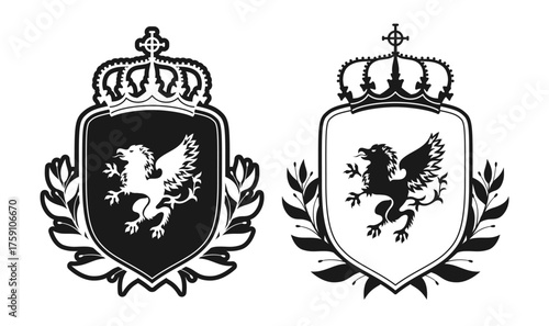 Coat of arms with noble griffin eagle, laurel wreath, shield crown. Heraldic crest medieval emblems logo fantasy kingdom. Coat of arms vintage vector graphic design monochrome black white illustration