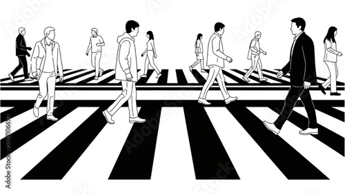 Black Line Art Illustration of People Crossing Street at Crosswalk – Minimal Urban Pedestrian Scene