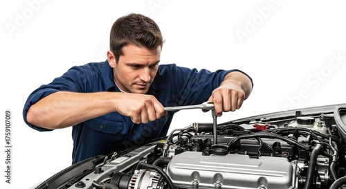 Mechanic repairing car engine with socket wrench