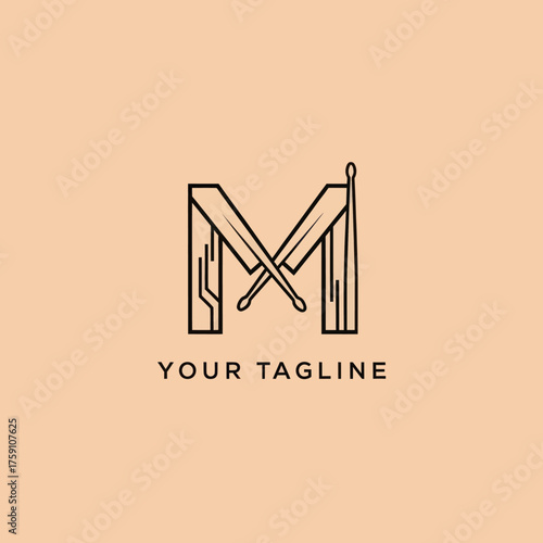 Minimalist M logo design with drumsticks for music branding.