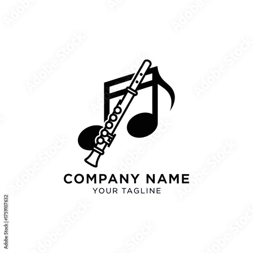 Monochrome logo design featuring a flute and musical notes.