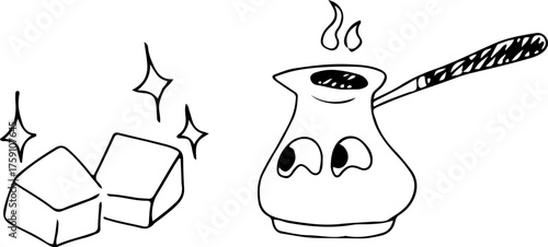 A playful coffee Turk with eyes and sparkling sugar cubes, depicted in a grunge style using smooth curved black lines. Ideal for trendy, eye-catching designs