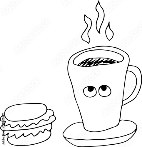 A humorous cup with eyes with a hot coffee drink and a macaroon, illustrated in a grunge style with flowing curved black lines. Great for playful, eye-catching designs