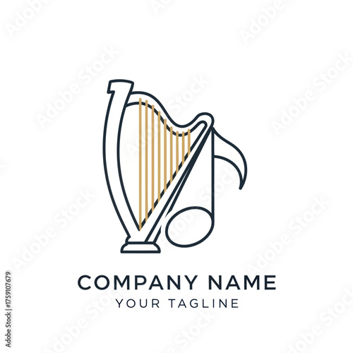 Elegant harp logo design with musical note, perfect for music schools.