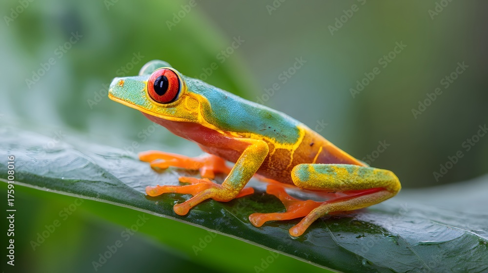 Obraz premium Colorful amphibian with bright red eyes perches on a green leaf.