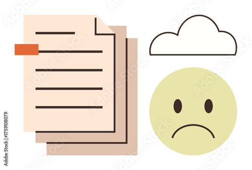 Stack of documents, sad face with frown, cloud. Ideal for stress, workload, emotions, overwhelm, mental health depression productivity. Symbolizes struggles in a simple flat metaphor