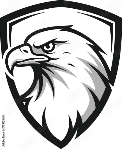 Eagle shield logo vector art of closeup profile of a powerful eagle head within a shield outline, , conveying intensity and focus, ideal for sports logos