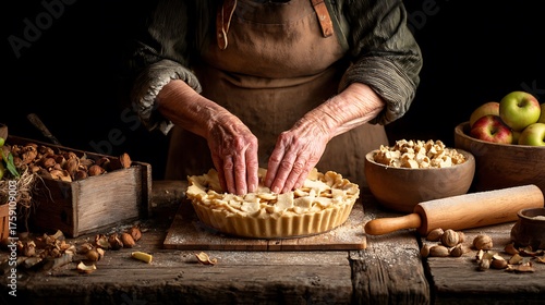 Woman's hands assembling an apple pie on a rustic wooden table