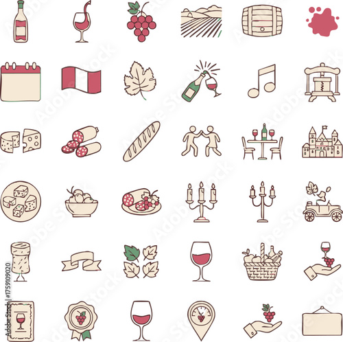 Beaujolais Nouveau Doodle Icons Set. Hand Drawn Vector Symbols for French Wine Festival, Harvest, and Bistro Food