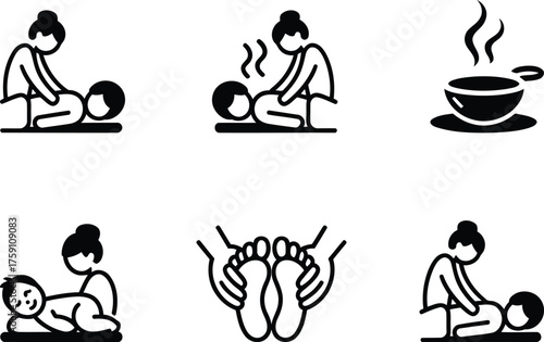 Various spa and wellness treatment icons for relaxation and health