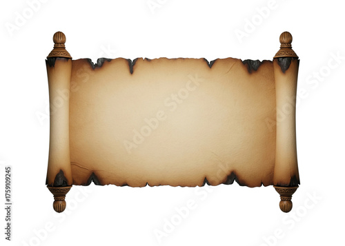 Old paper scroll with burnt edges isolated on transparent background